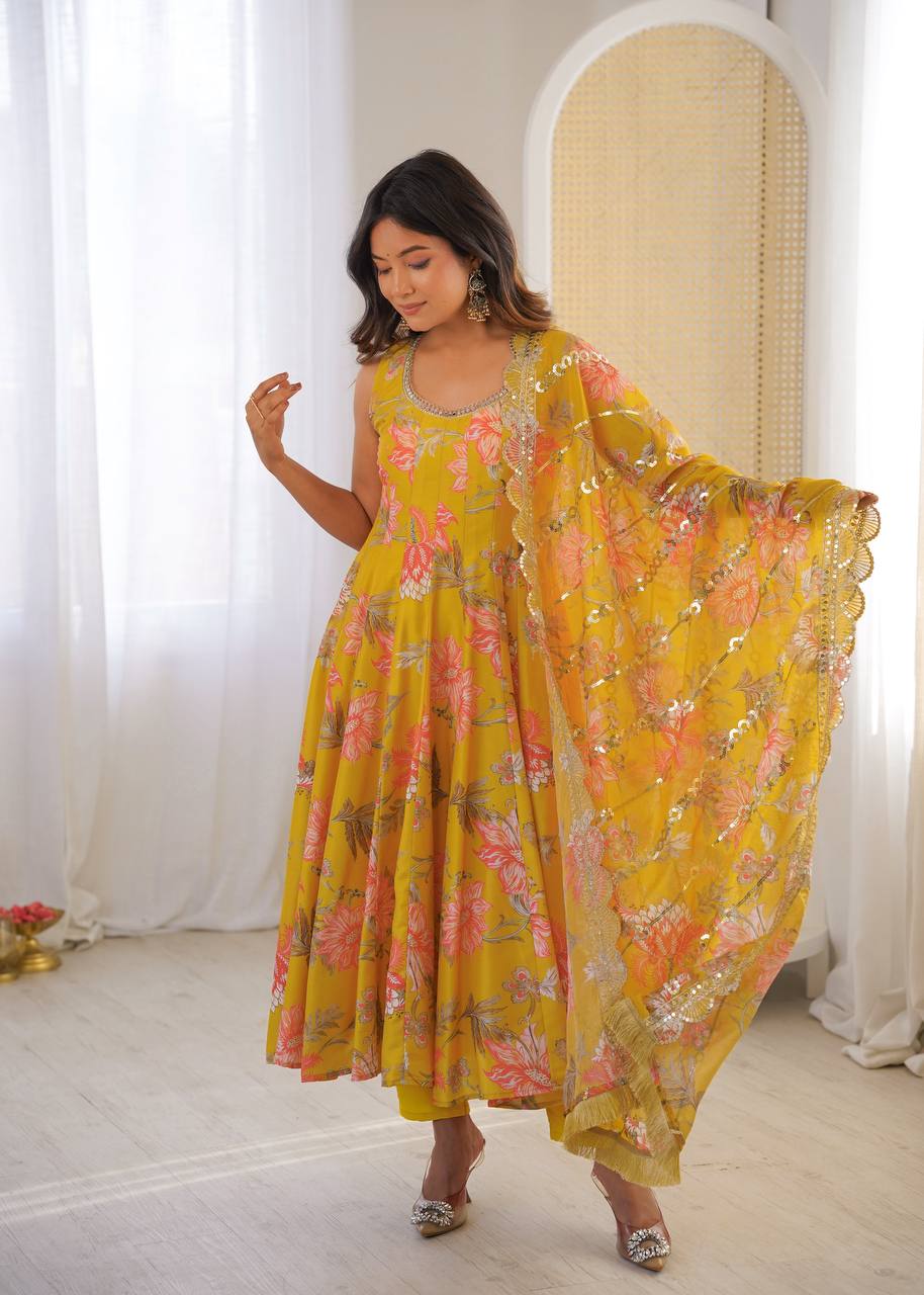 Yellow Muslin Floral Print Kurta Set