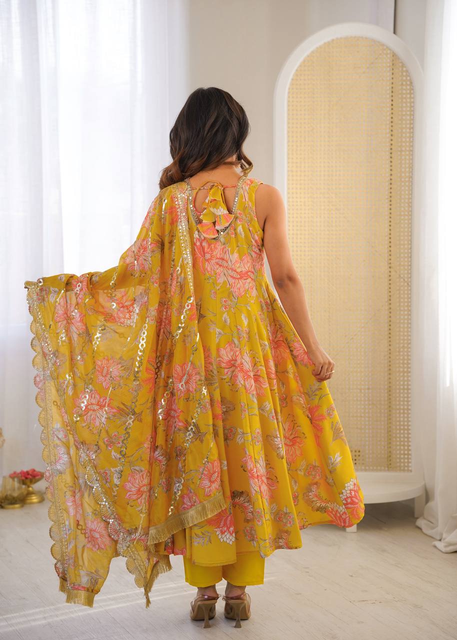 Yellow Muslin Floral Print Kurta Set