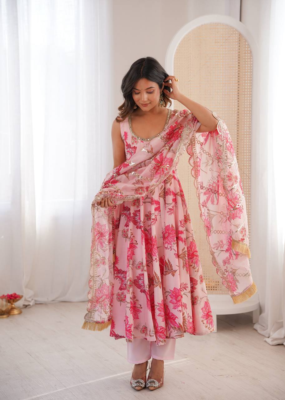 Pink Muslin Floral Print Kurta Set