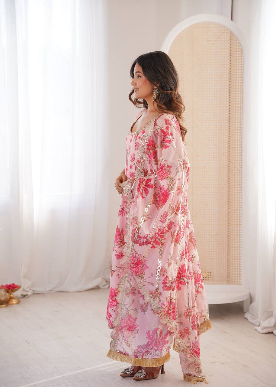 Pink Muslin Floral Print Kurta Set
