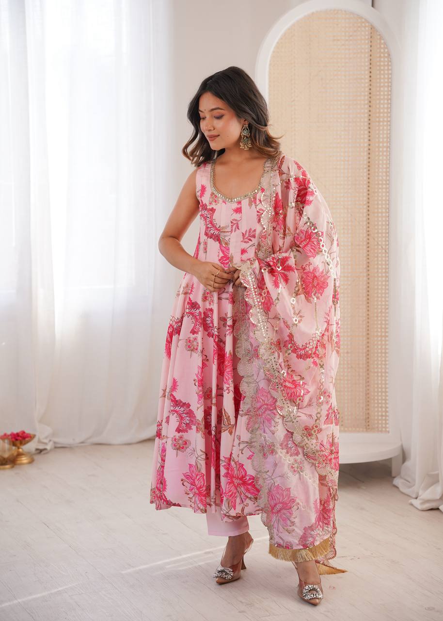 Pink Muslin Floral Print Kurta Set