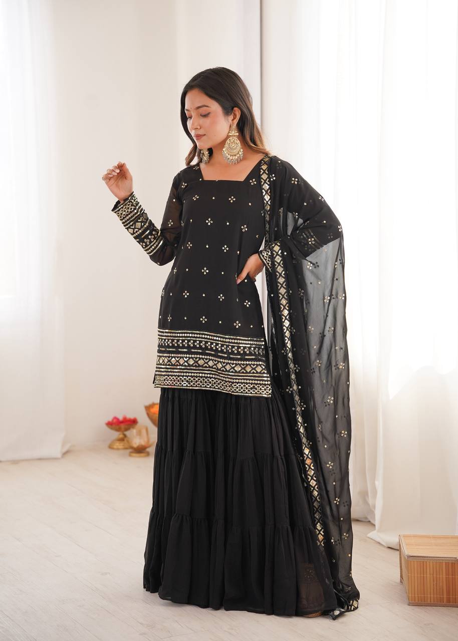 Black Georgette With Embroidery Sequence Sharara Set