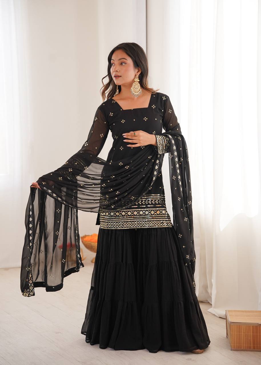 Black Georgette With Embroidery Sequence Sharara Set