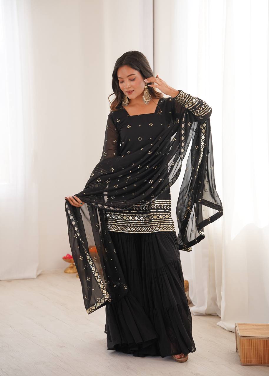 Black Georgette With Embroidery Sequence Sharara Set