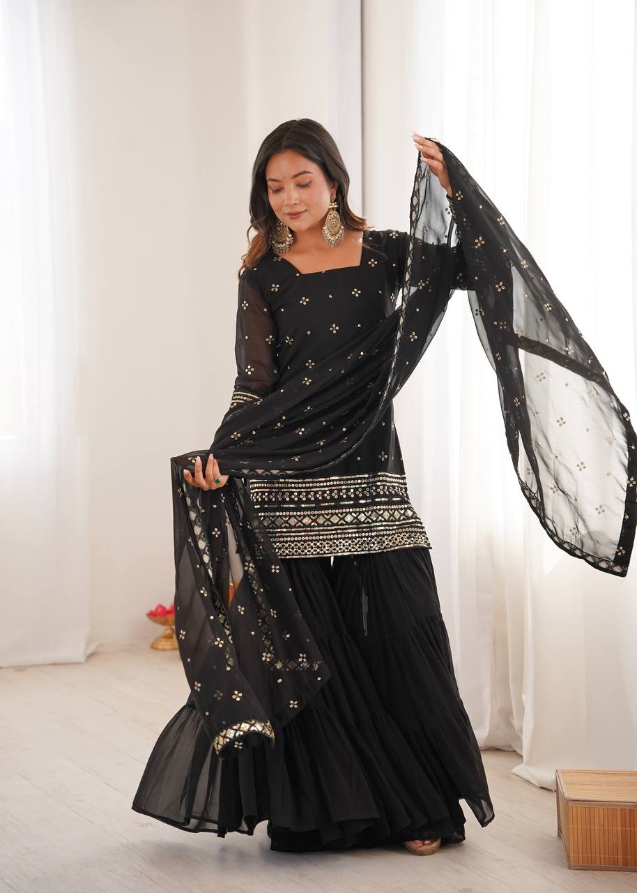Black Georgette With Embroidery Sequence Sharara Set