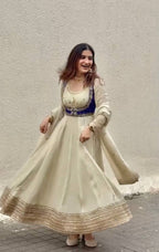 Cream Embroidery Chinon Silk Kurta Set