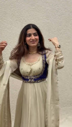 Cream Embroidery Chinon Silk Kurta Set