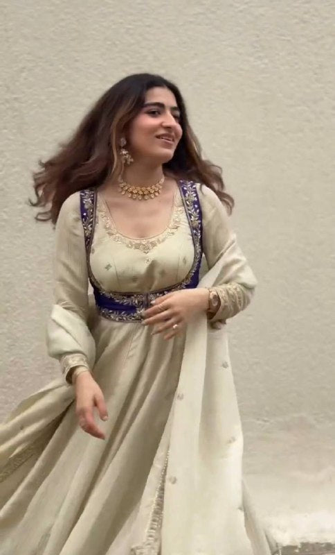 Cream Embroidery Chinon Silk Kurta Set