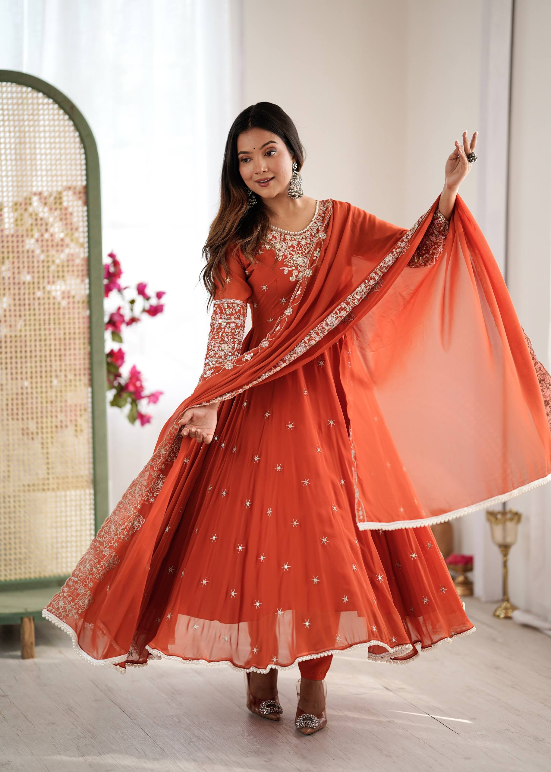 Orange Heavy Embroidery Rainbow Sequence with Moti Work Suit Set