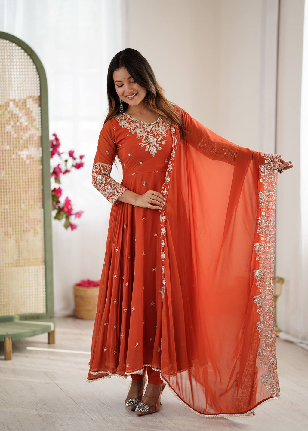 Orange Heavy Embroidery Rainbow Sequence with Moti Work Suit Set