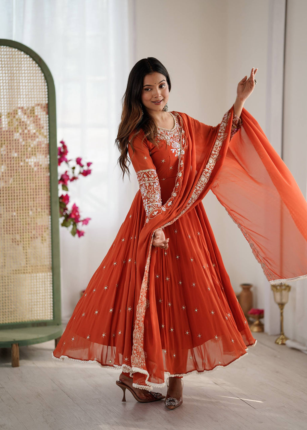 Orange Heavy Embroidery Rainbow Sequence with Moti Work Suit Set