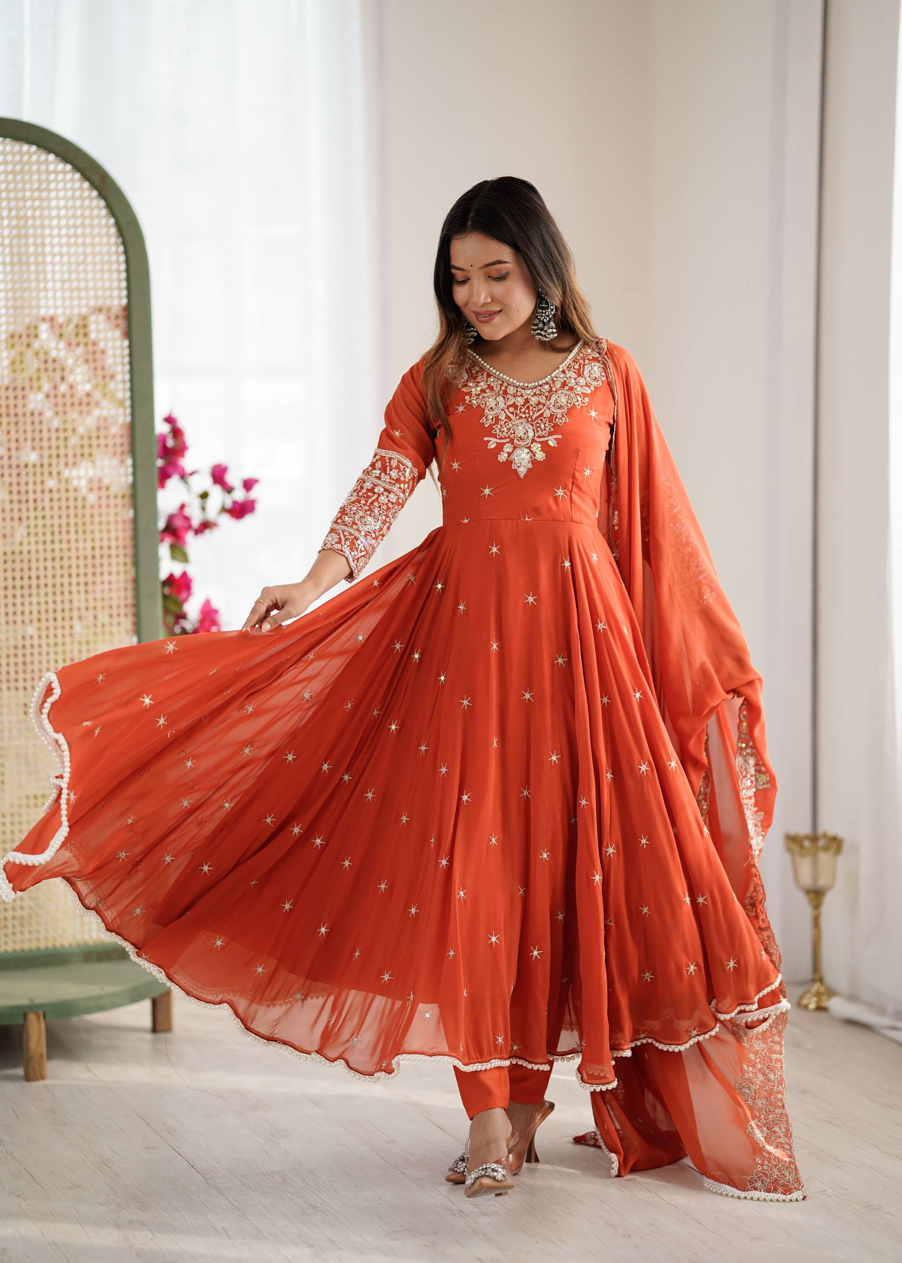 Orange Heavy Embroidery Rainbow Sequence with Moti Work Suit Set