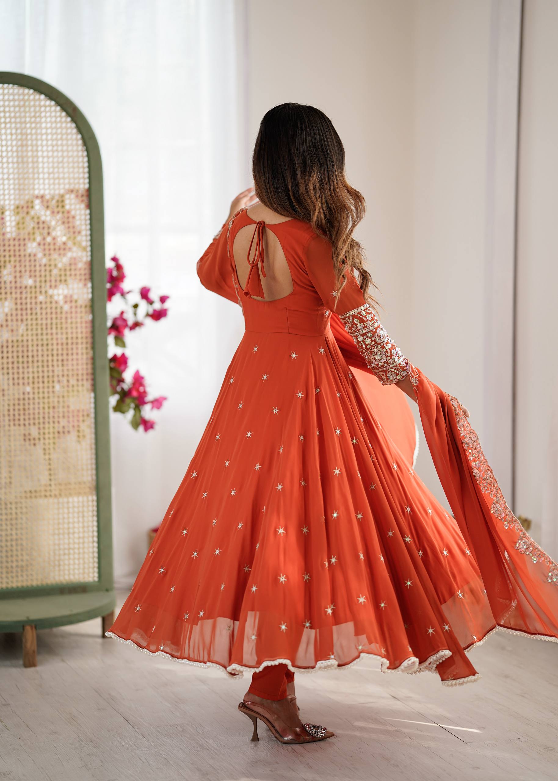 Orange Heavy Embroidery Rainbow Sequence with Moti Work Suit Set
