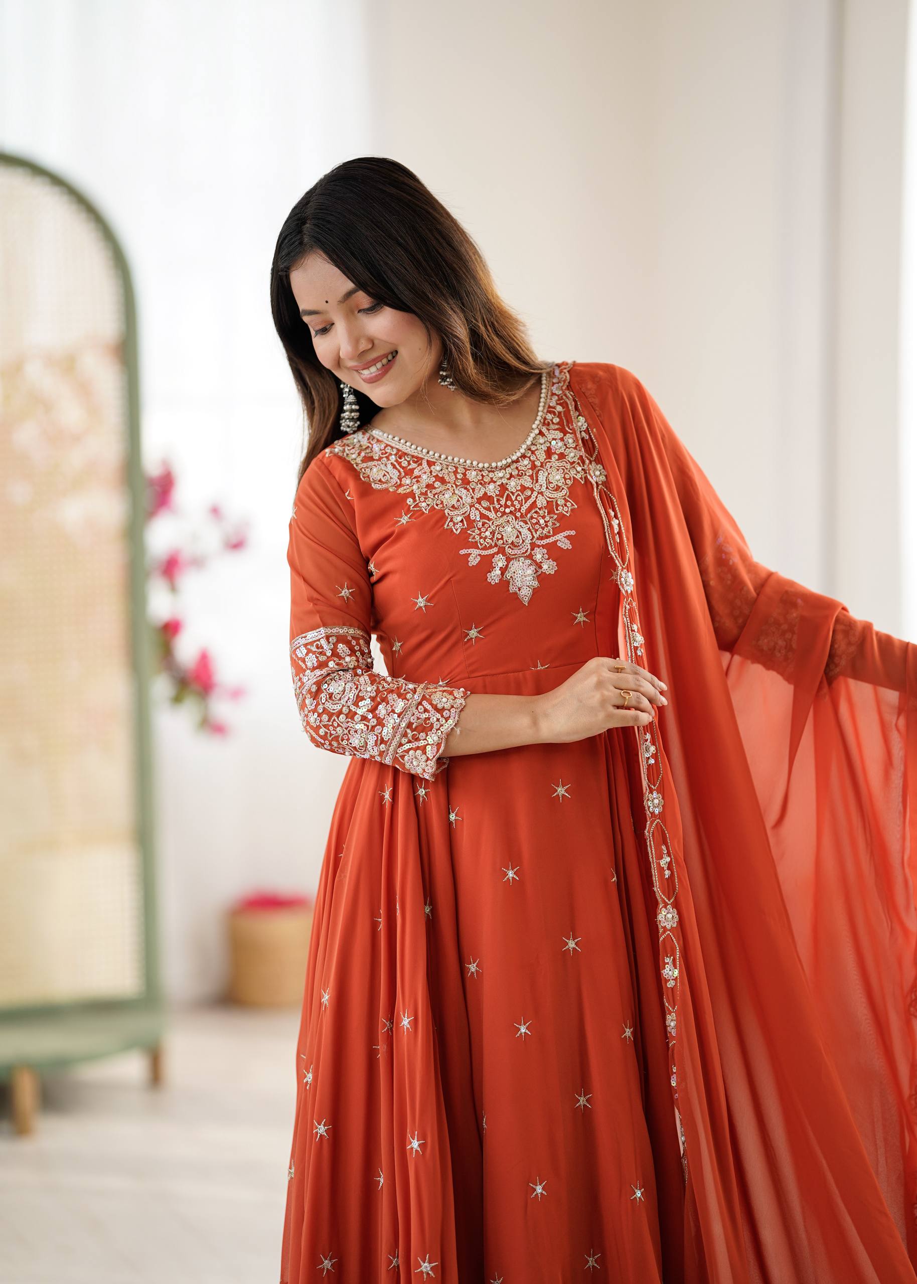 Orange Heavy Embroidery Rainbow Sequence with Moti Work Suit Set