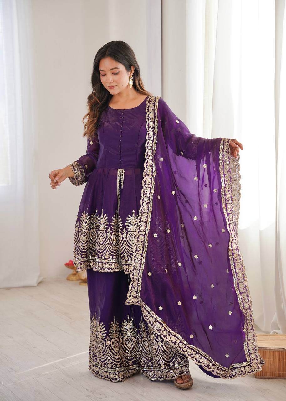 Chandra Fendy Satin Silk Embroidery Sharara Suit (Purple)