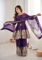 Chandra Fendy Satin Silk Embroidery Sharara Suit (Purple)