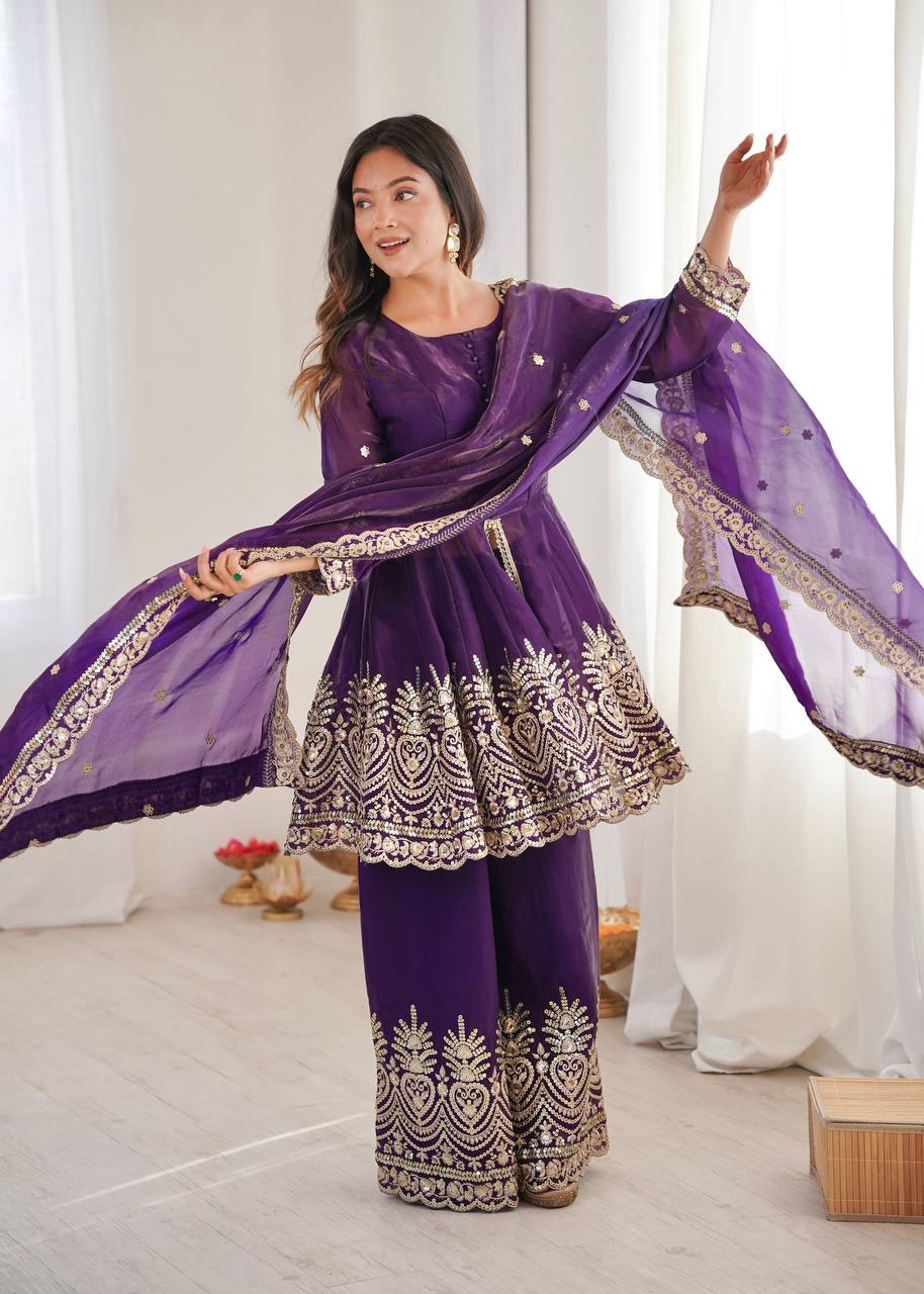Chandra Fendy Satin Silk Embroidery Sharara Suit (Purple)