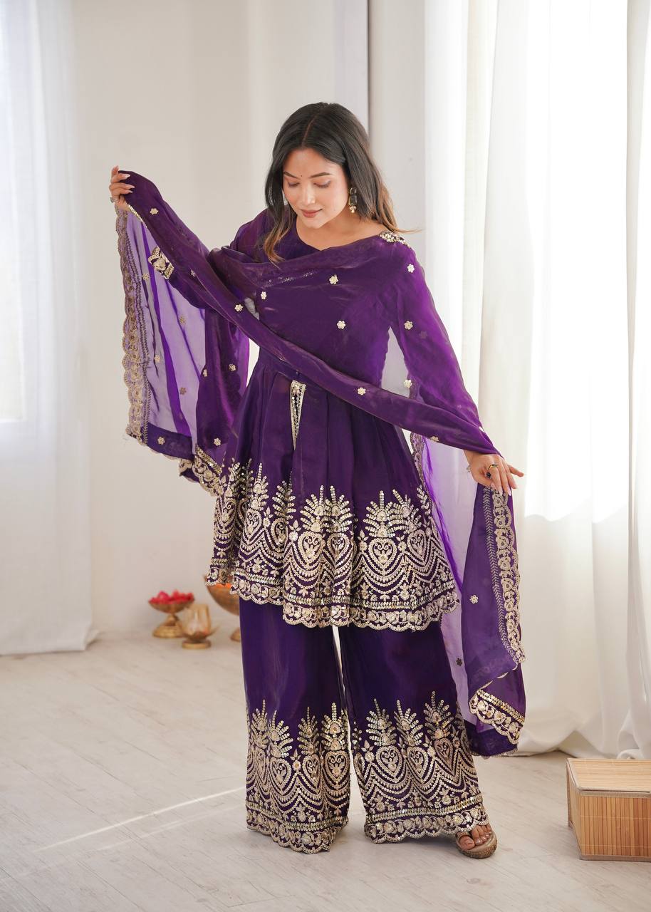 Chandra Fendy Satin Silk Embroidery Sharara Suit (Purple)