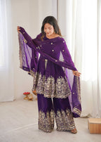 Chandra Fendy Satin Silk Embroidery Sharara Suit (Purple)