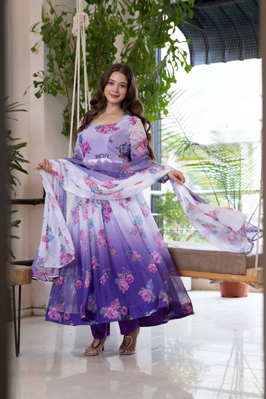 Purple Organza Flower Kurta Set