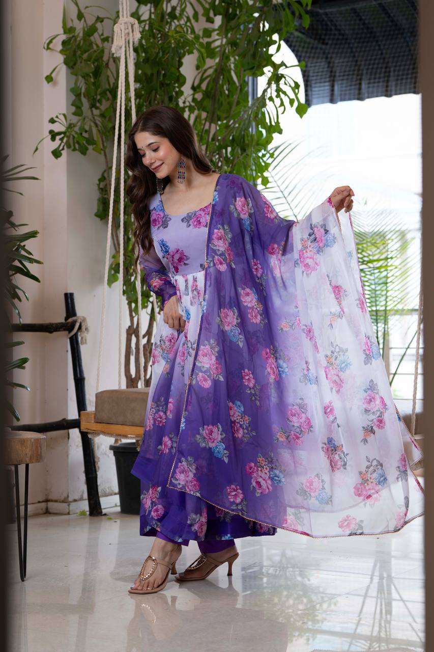 Purple Organza Flower Kurta Set