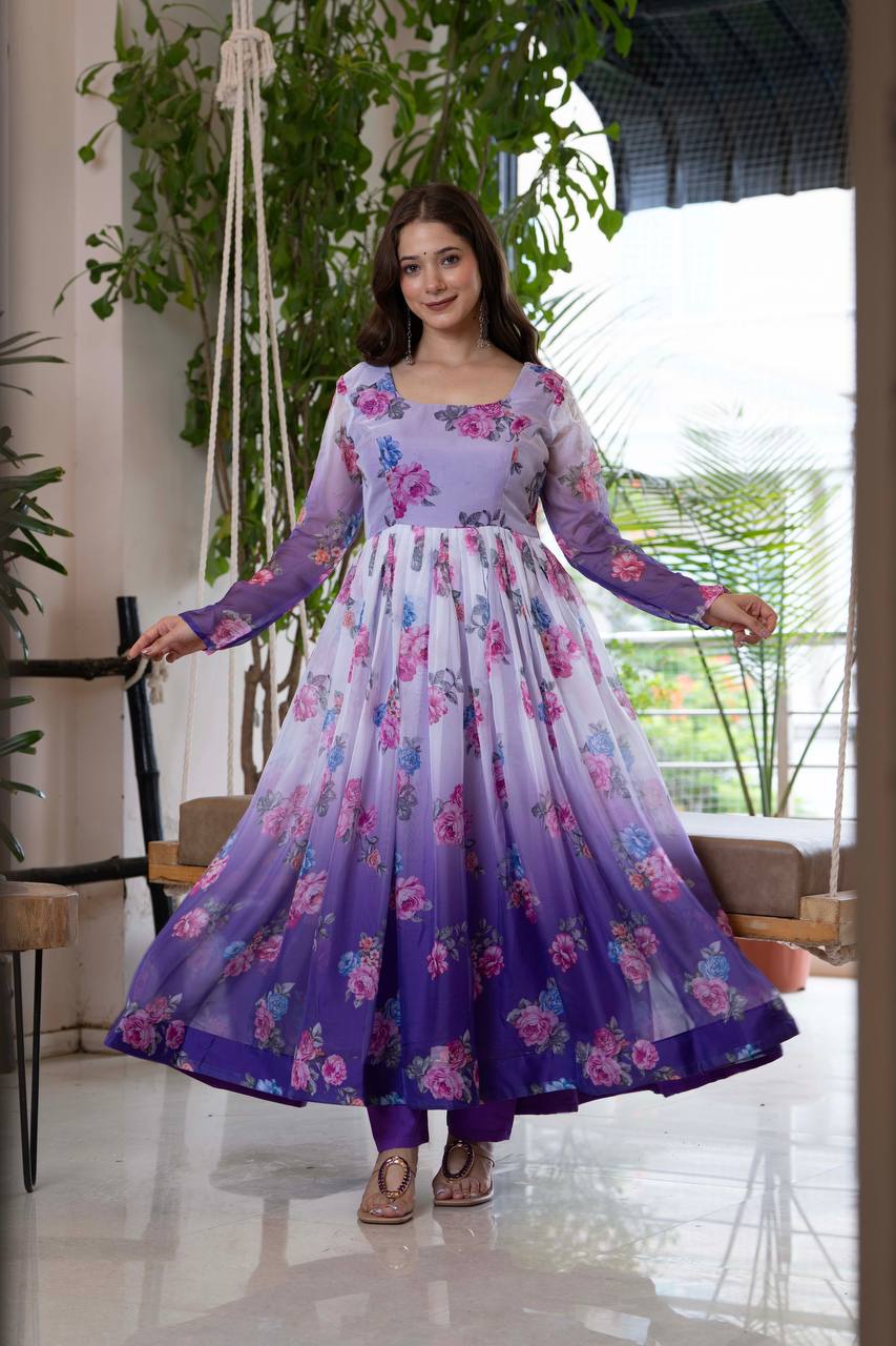 Purple Organza Flower Kurta Set