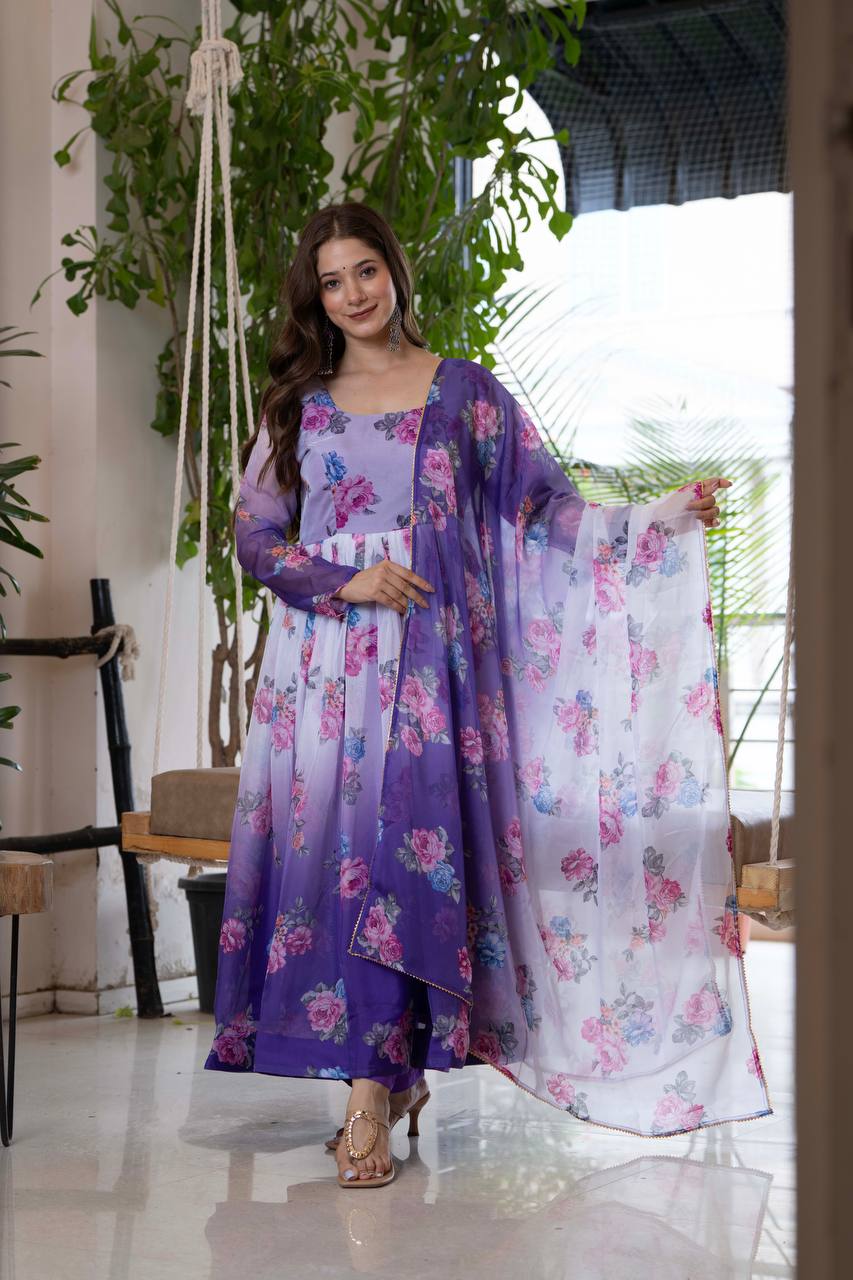 Purple Organza Flower Kurta Set