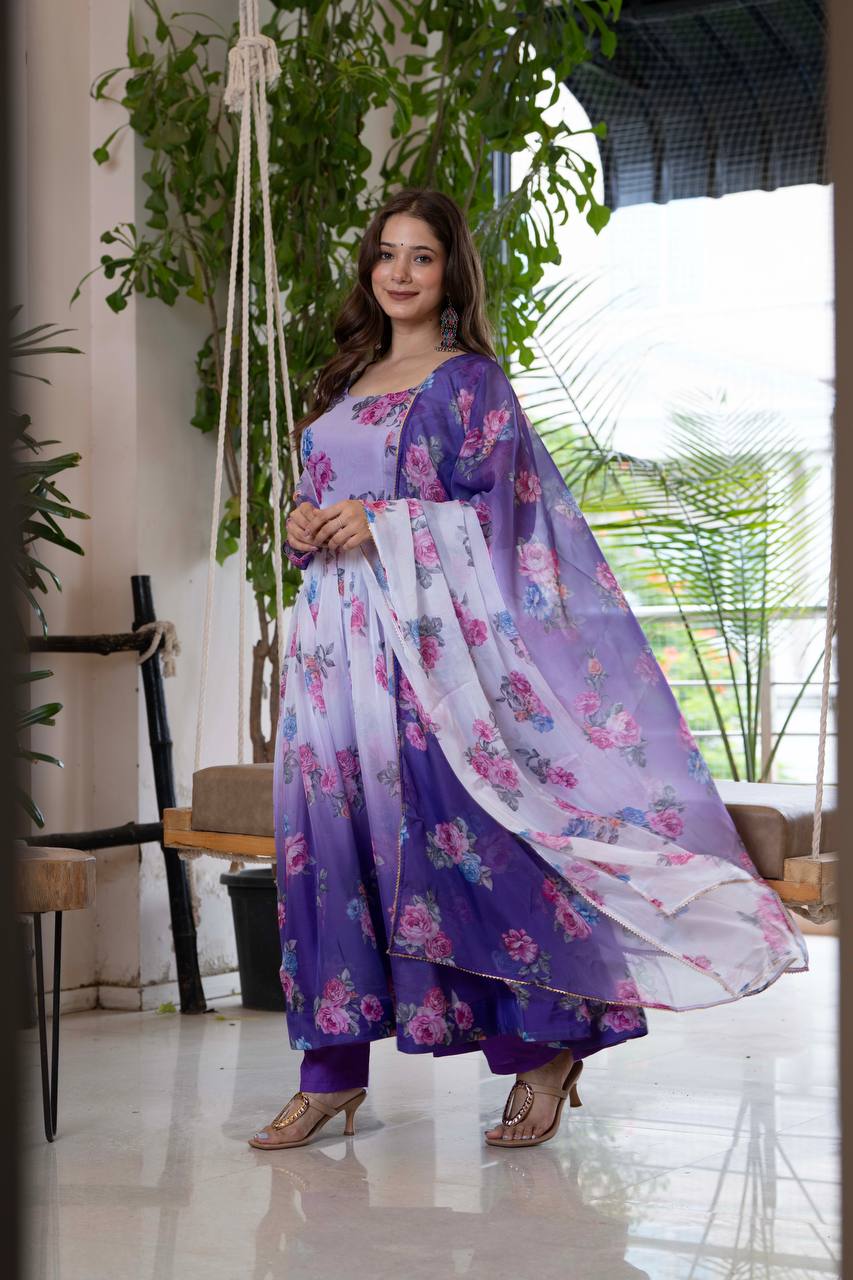 Purple Organza Flower Kurta Set