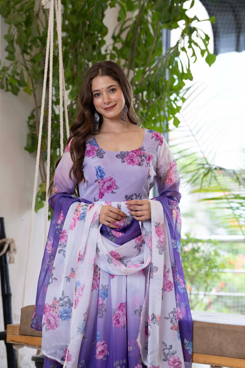 Purple Organza Flower Kurta Set
