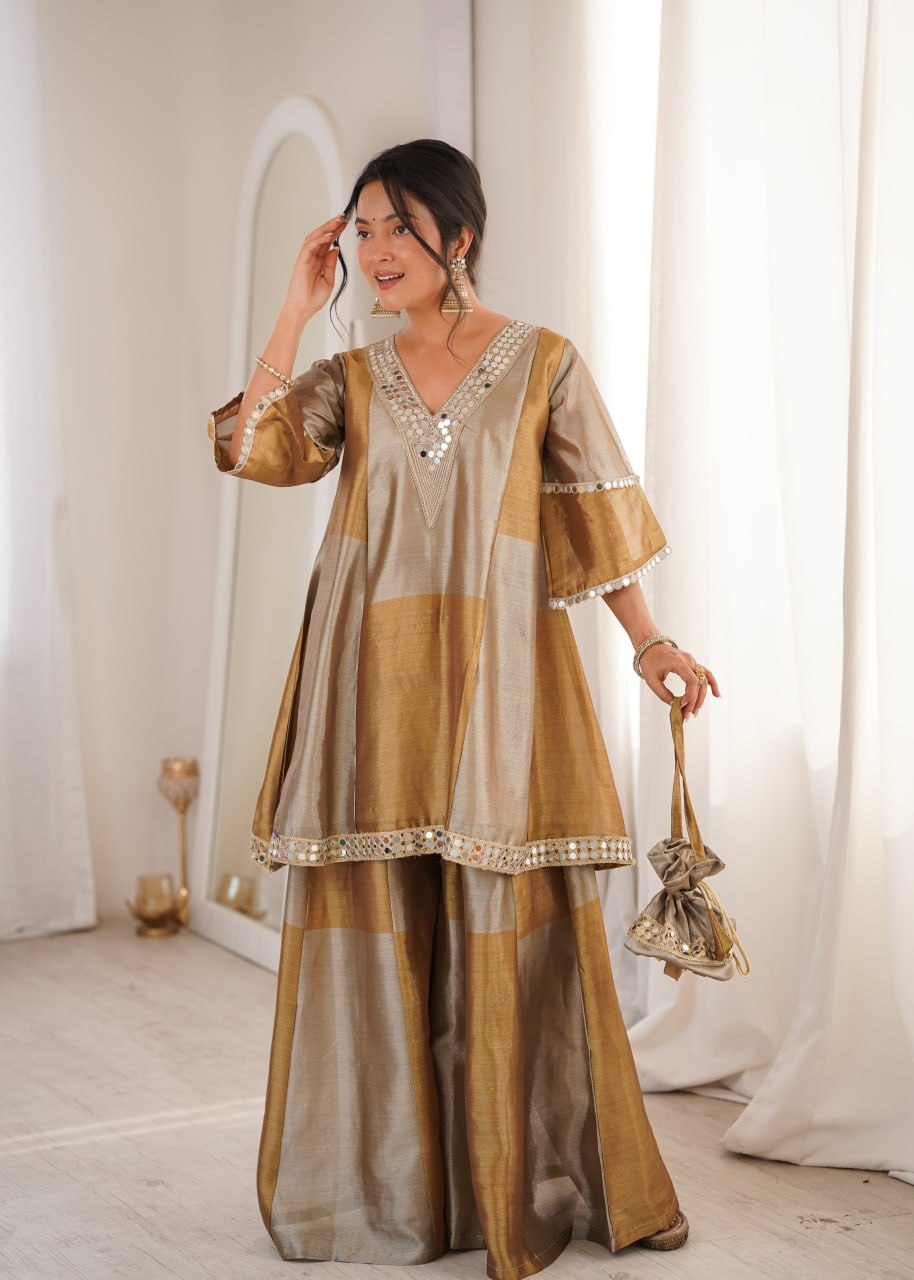 Golden Tissue Embroidered & mirror work Lace Suit