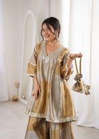 Golden Tissue Embroidered & mirror work Lace Suit