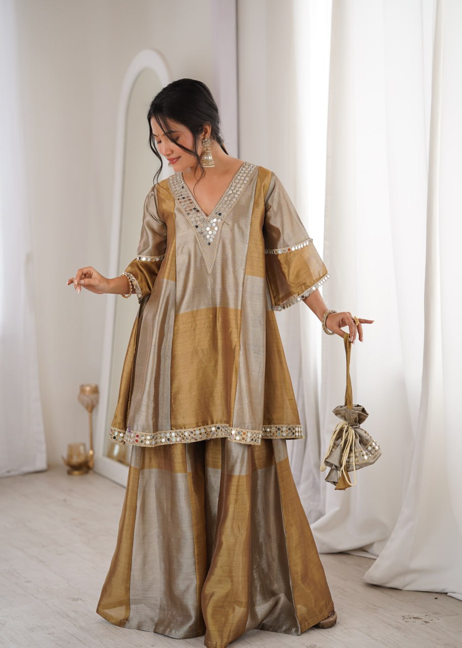 Golden Tissue Embroidered & mirror work Lace Suit