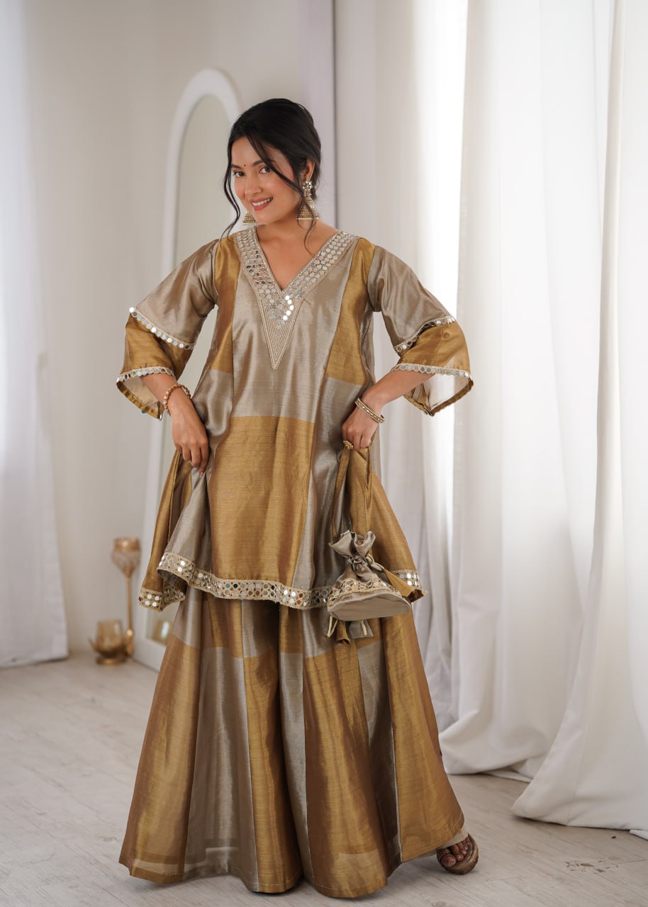 Golden Tissue Embroidered & mirror work Lace Suit