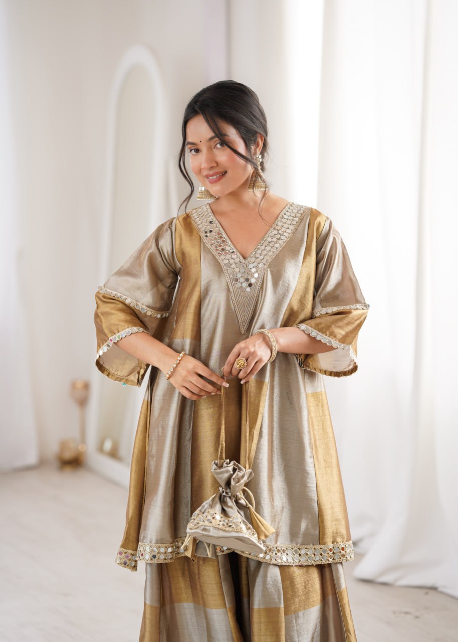 Golden Tissue Embroidered & mirror work Lace Suit