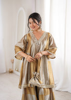 Golden Tissue Embroidered & mirror work Lace Suit