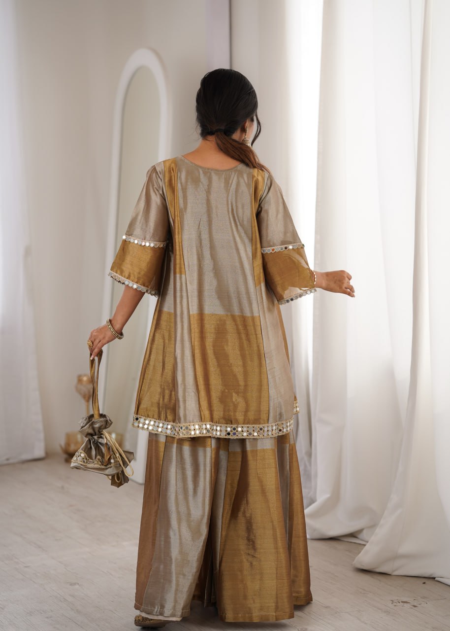 Golden Tissue Embroidered & mirror work Lace Suit