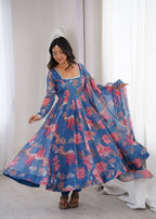 Purple Soft Lightweight Organza Floral Print Suit Set