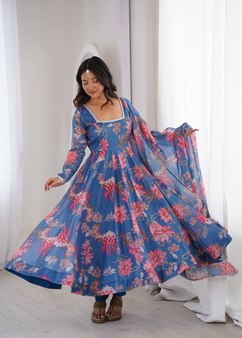 Purple Soft Lightweight Organza Floral Print Suit Set
