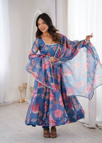 Purple Soft Lightweight Organza Floral Print Suit Set