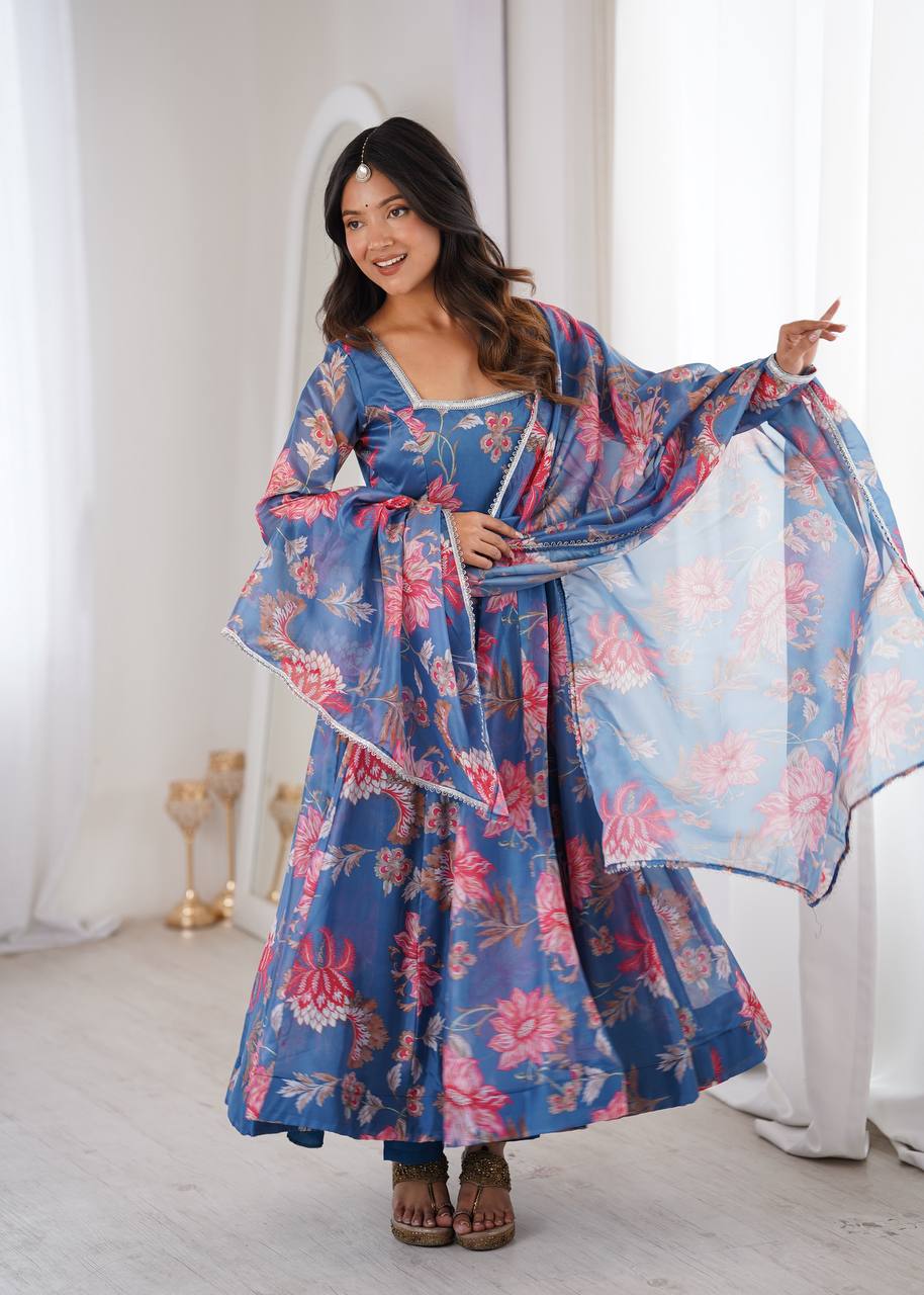 Purple Soft Lightweight Organza Floral Print Suit Set