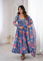 Purple Soft Lightweight Organza Floral Print Suit Set