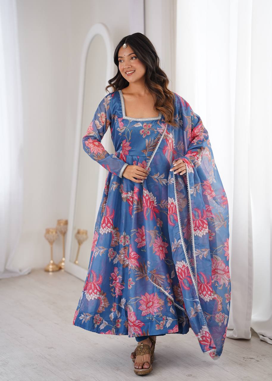 Purple Soft Lightweight Organza Floral Print Suit Set