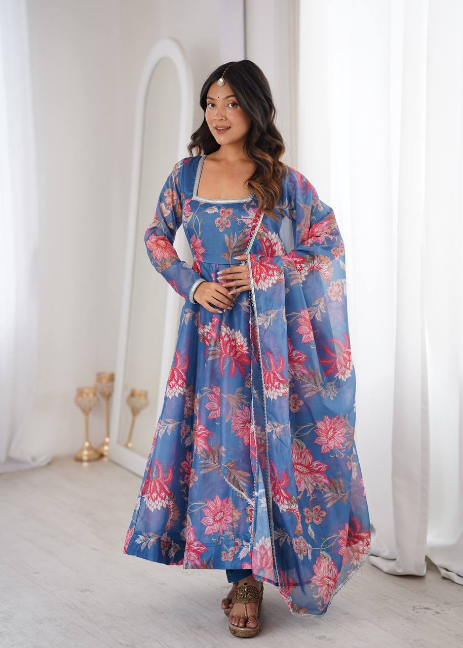 Purple Soft Lightweight Organza Floral Print Suit Set