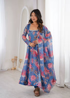 Purple Soft Lightweight Organza Floral Print Suit Set