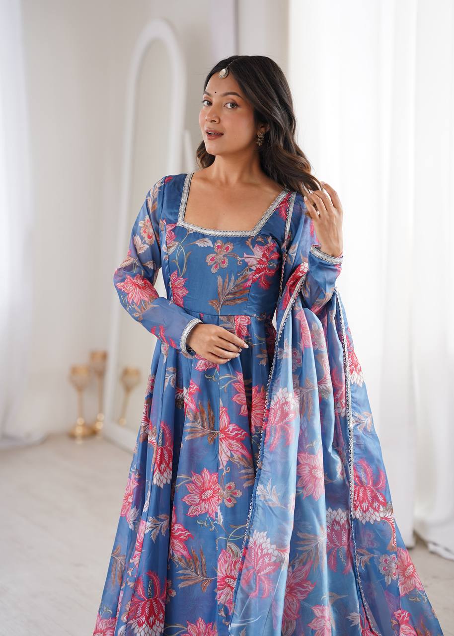 Purple Soft Lightweight Organza Floral Print Suit Set