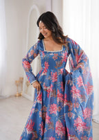 Purple Soft Lightweight Organza Floral Print Suit Set