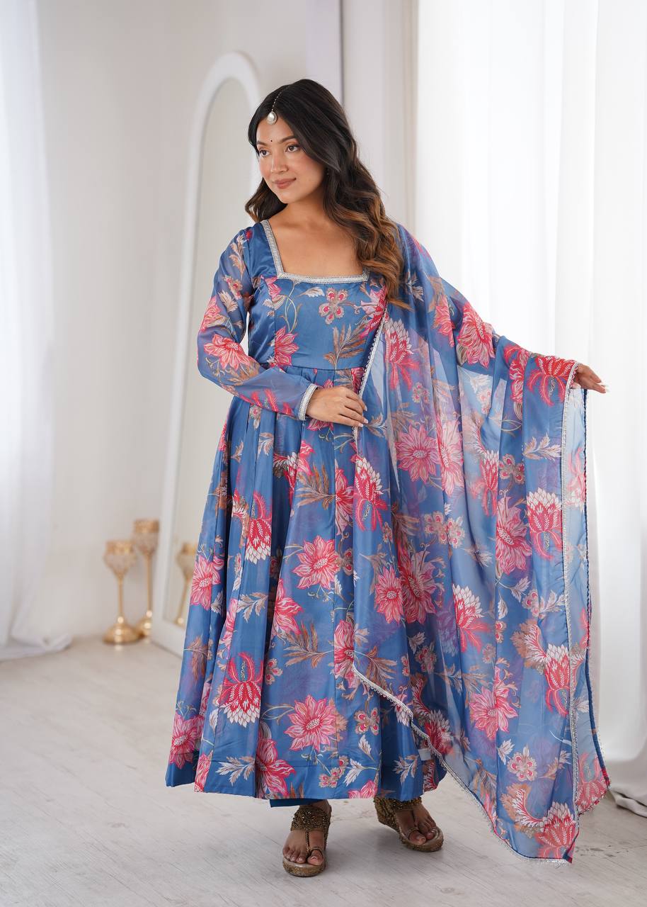 Purple Soft Lightweight Organza Floral Print Suit Set