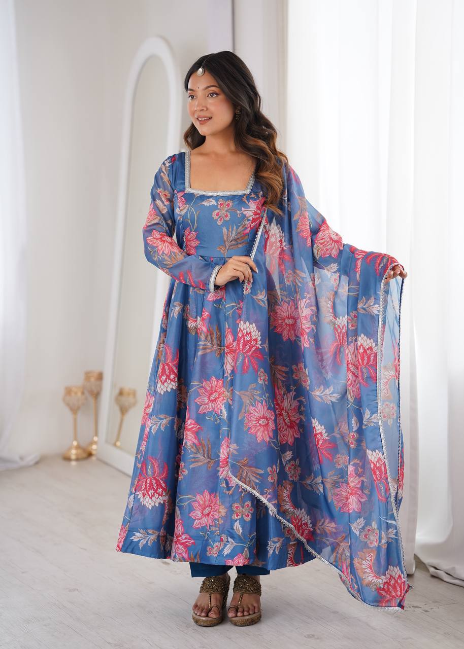 Purple Soft Lightweight Organza Floral Print Suit Set