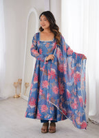 Purple Soft Lightweight Organza Floral Print Suit Set