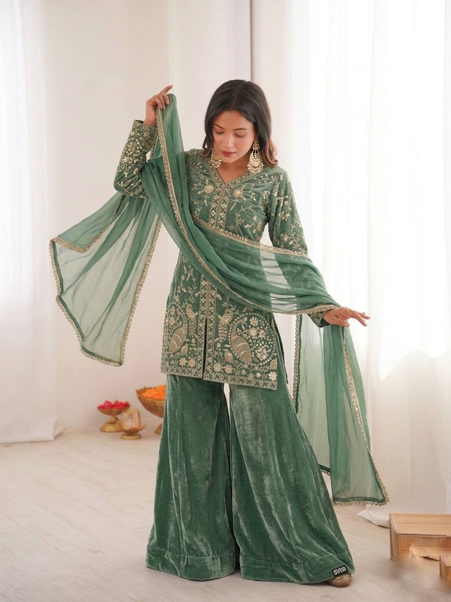 Tea Green Heavy Embroidery Sequence Sharara Suit